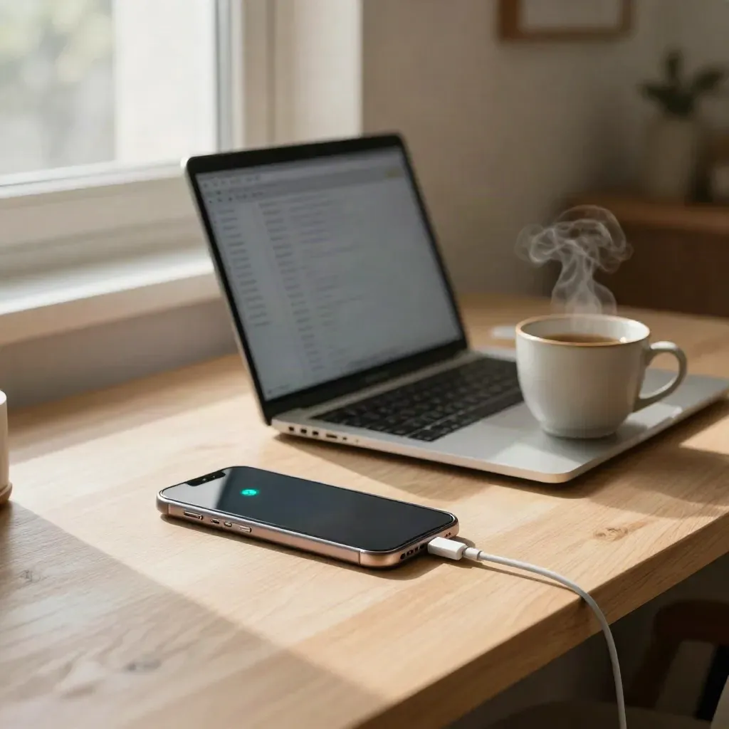 Muted phone, closed laptop, tea mug and charging lead on a warm desk by window light.