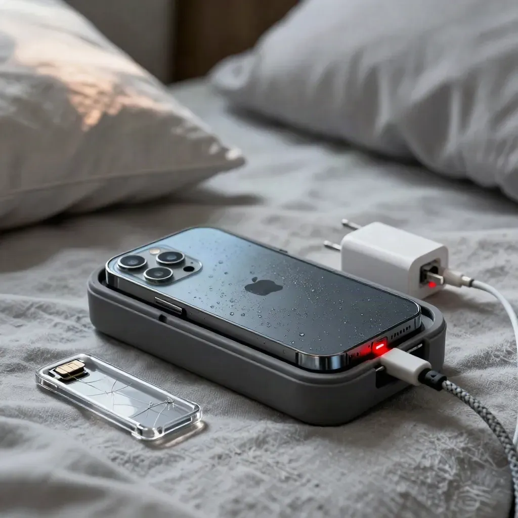 Top-down phone in a silicone case beside SIM tool, cracked case and charger on linen bedding.