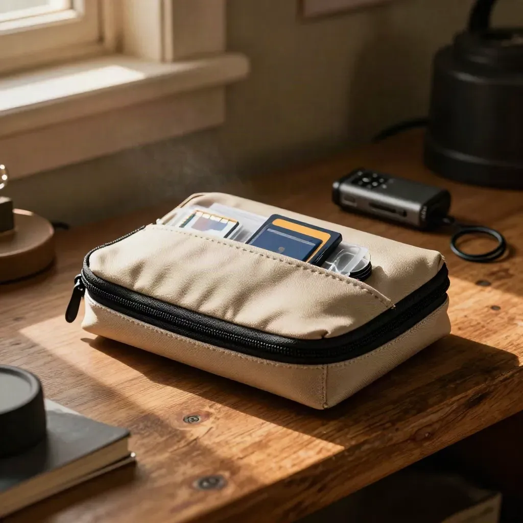 Zipped evidence pouch with recorder, memory card and cable ties on a warm oak bench.
