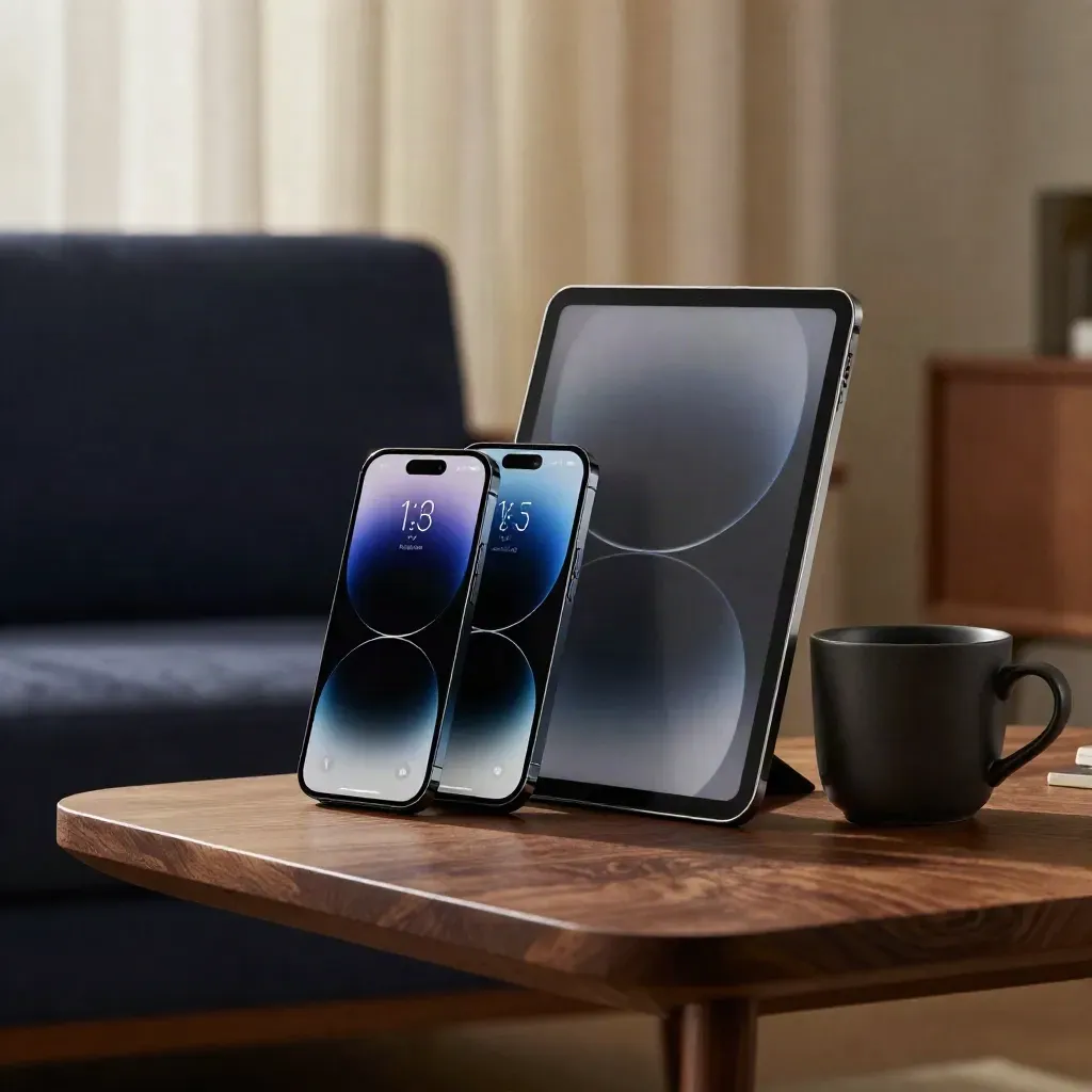Three devices and a privacy filter beside a mug on a walnut side table by a softly moving curtain