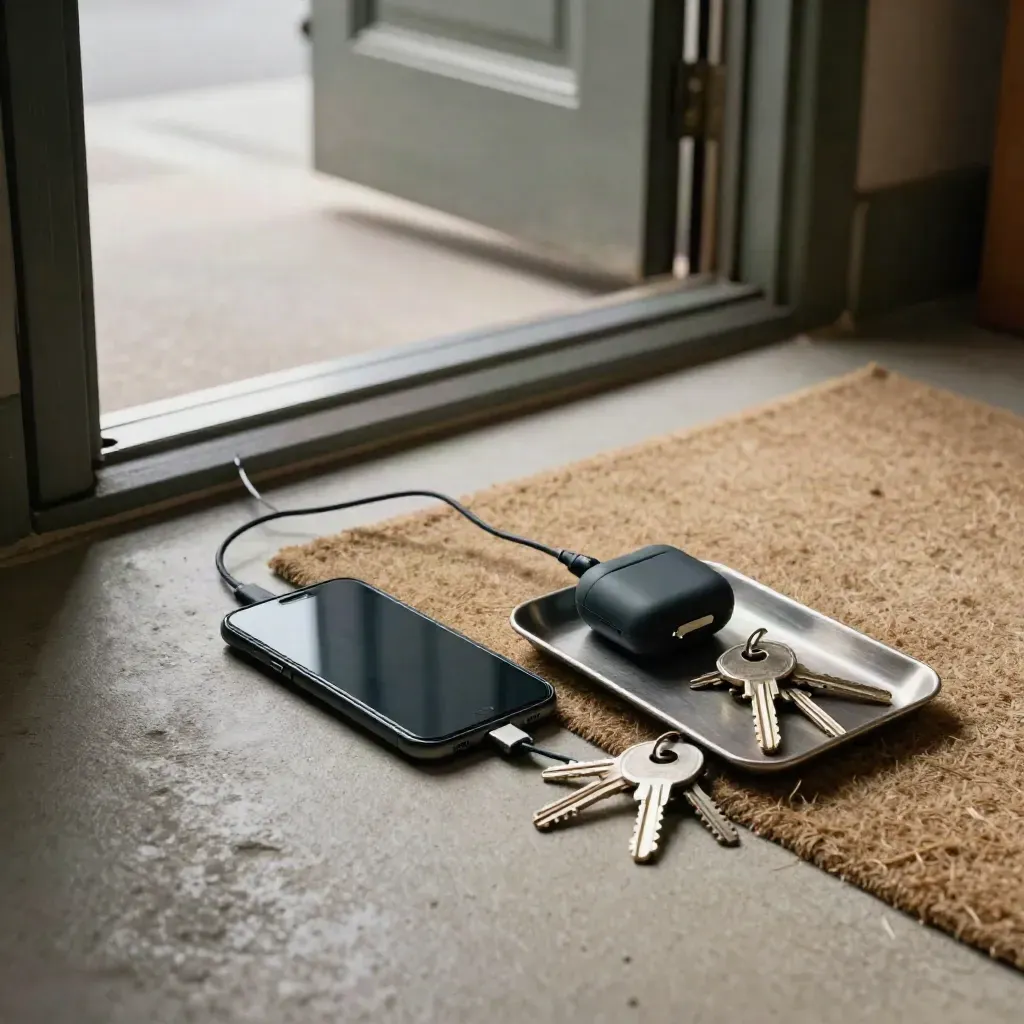Front-door phone, headphones case, cable and key tray caught in a cool draft of street light.