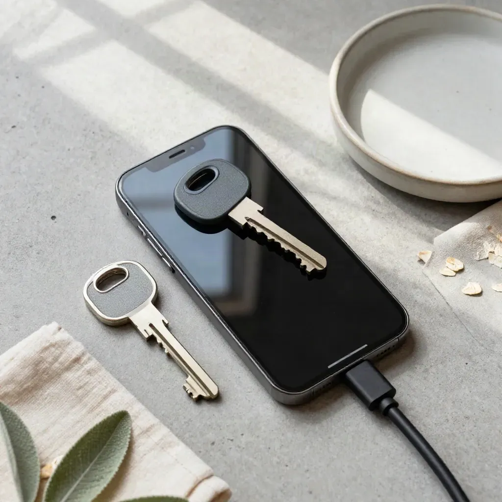 Overhead still-life of a security key beside a locked phone on concrete with linen, leaf, and dish.