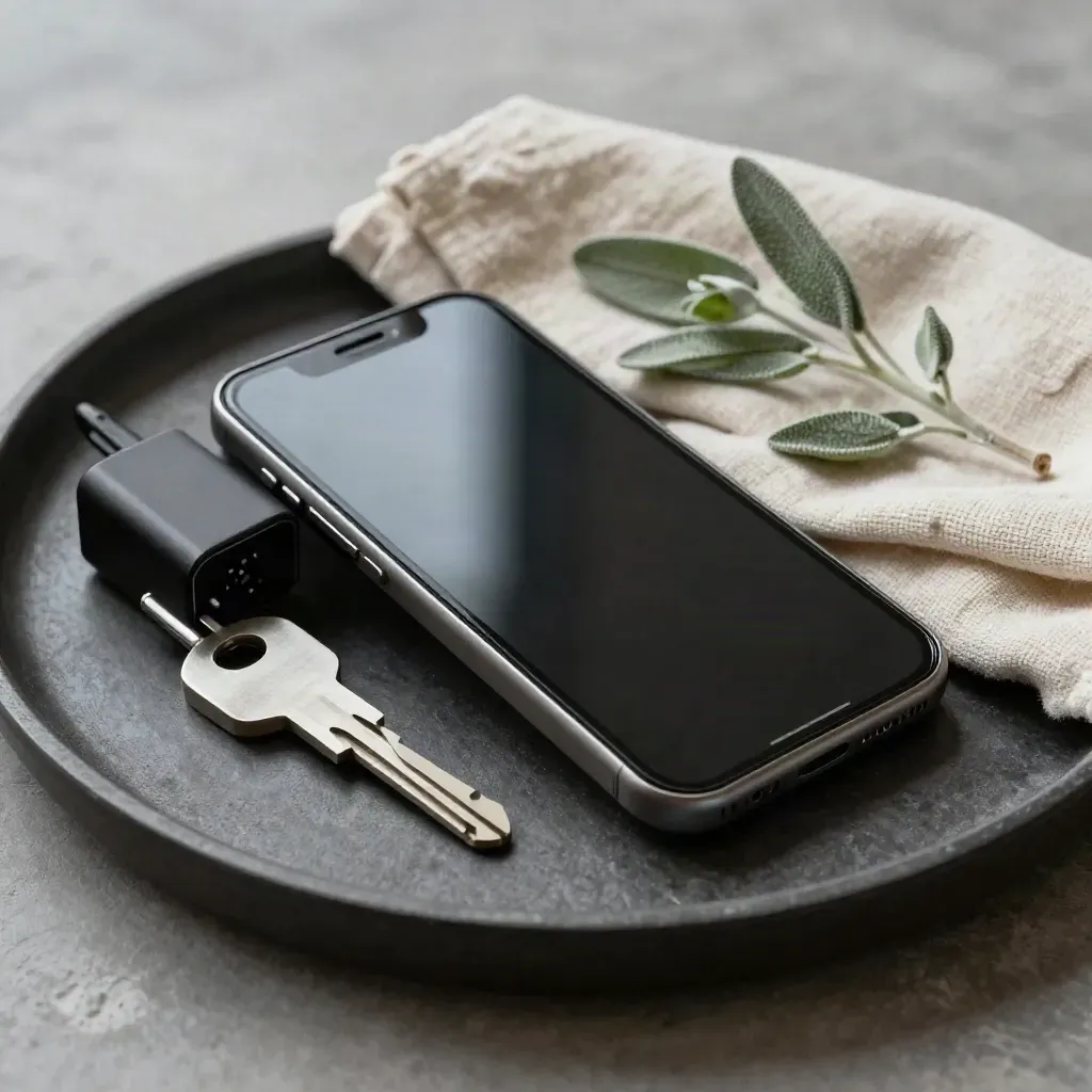 Muted studio phone, hardware key, charger, plant and linen on a dark tray.