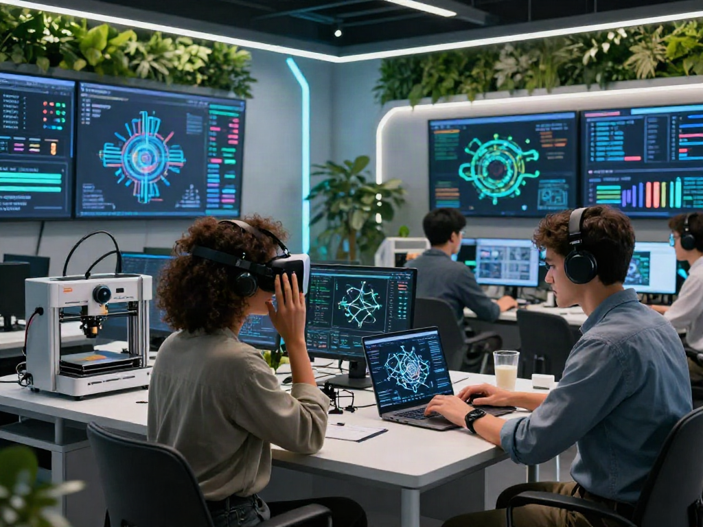 Team of AI developers collaborating in a modern workspace with juicy ai models displayed on screens.